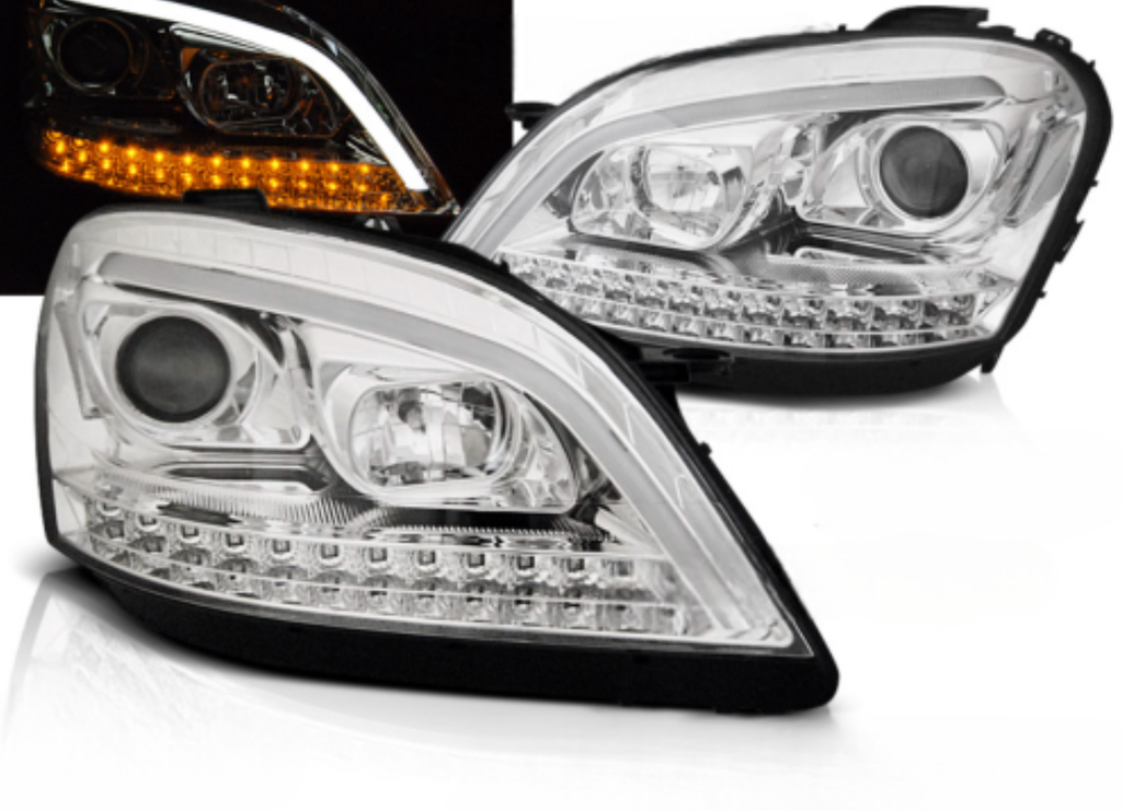 Faros cromados delanteros derecho e izquierdo para Mercedes ML W164 (2005-2008) Intermitente Dinámico, Faro LED