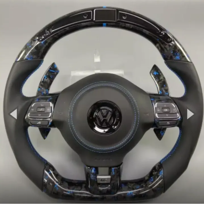 Volante VW de Carbono Forjado Azul Plano con Pantalla LED – Estilo Premium y Rendimiento