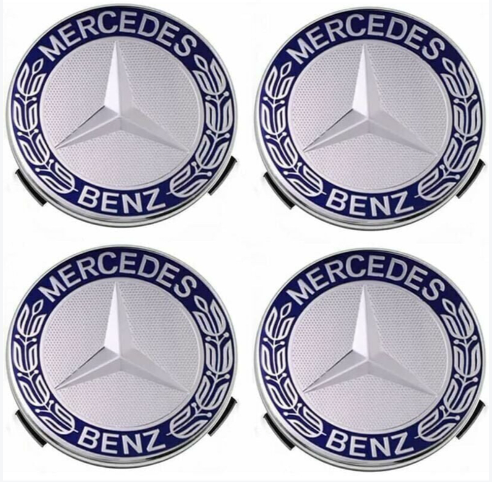 LOT 4 Cache Moyeu 75mm BLEU Pour Mercedes Logo Emblème Jante Centre De Roue ADAPTABLES POUR PLUSIEURS MERCEDES